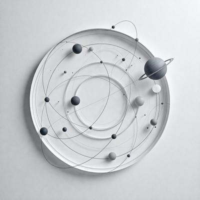 The primary subject of the image is a white plate with a model of the solar system on it. The plate is placed on a white background, which emphasizes the details of the model. The visual style of the image is a combination of digital art and illustration, as it showcases the intricate design of the solar system model. The colors and mood of the image are predominantly white, which gives it a clean and minimalist appearance.